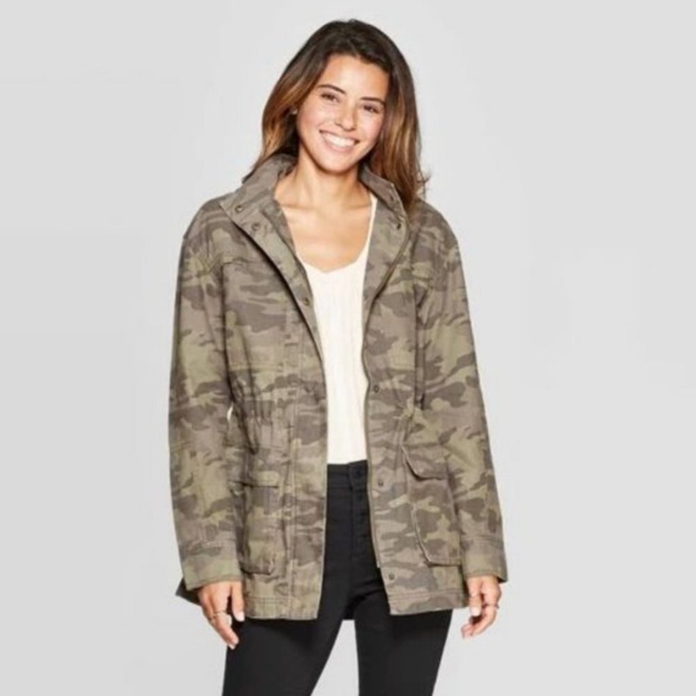 Target Camo Hooded Jacket Coat Size XS 100% Cotton Pocket Cinch Waist Camouflage